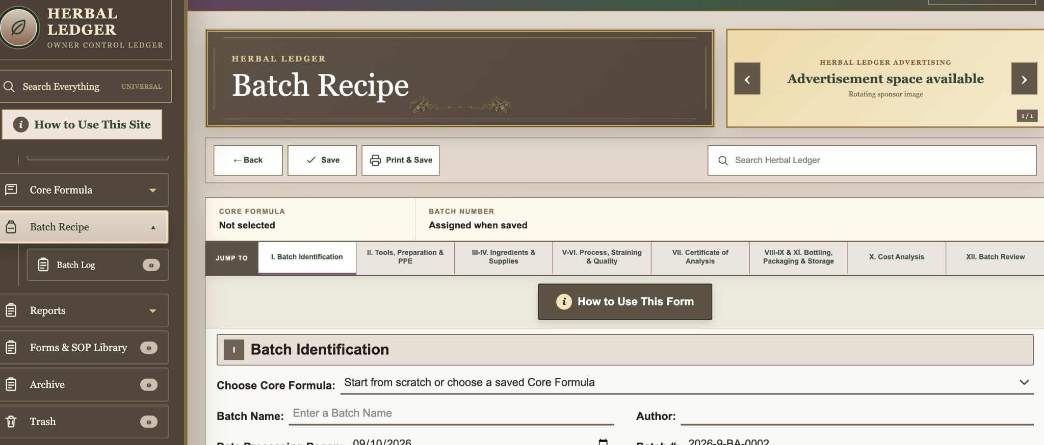 Herbal Ledger Batch Recipe form with identification and production sections