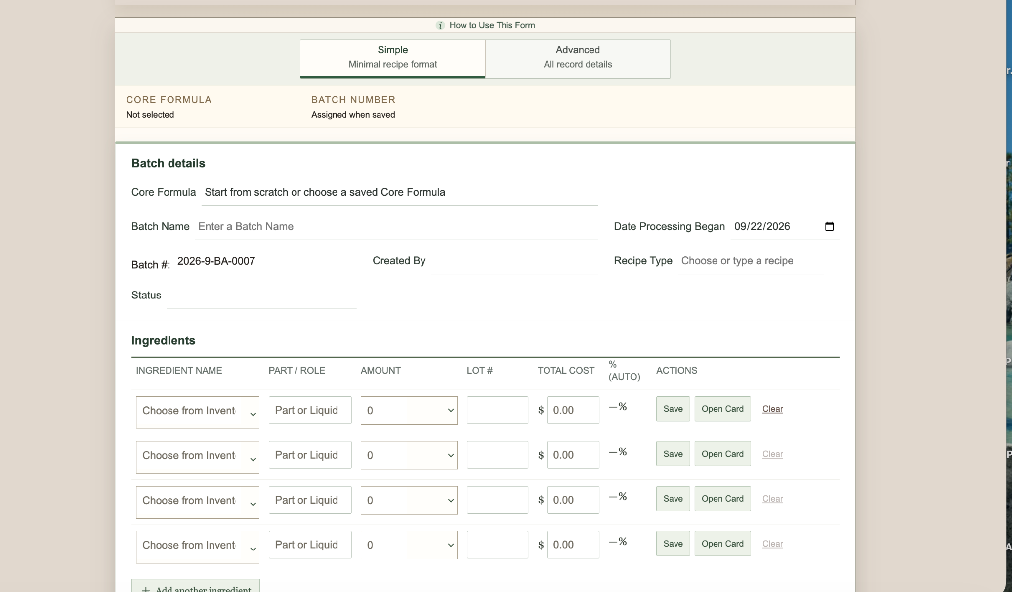 Batch Recipe · Simple view in Herbal Ledger LLC