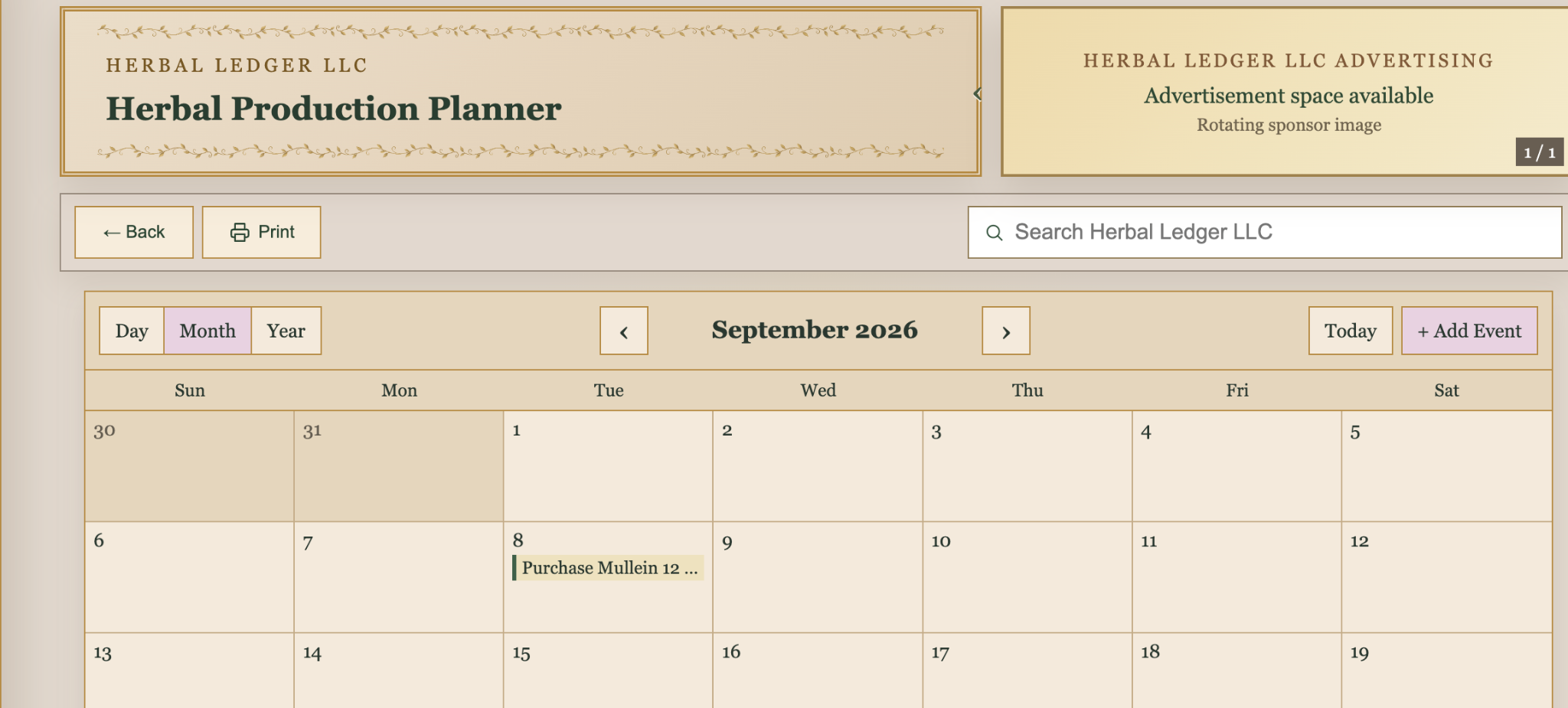 Calendar of Events · Herbal Production Planner in Herbal Ledger LLC