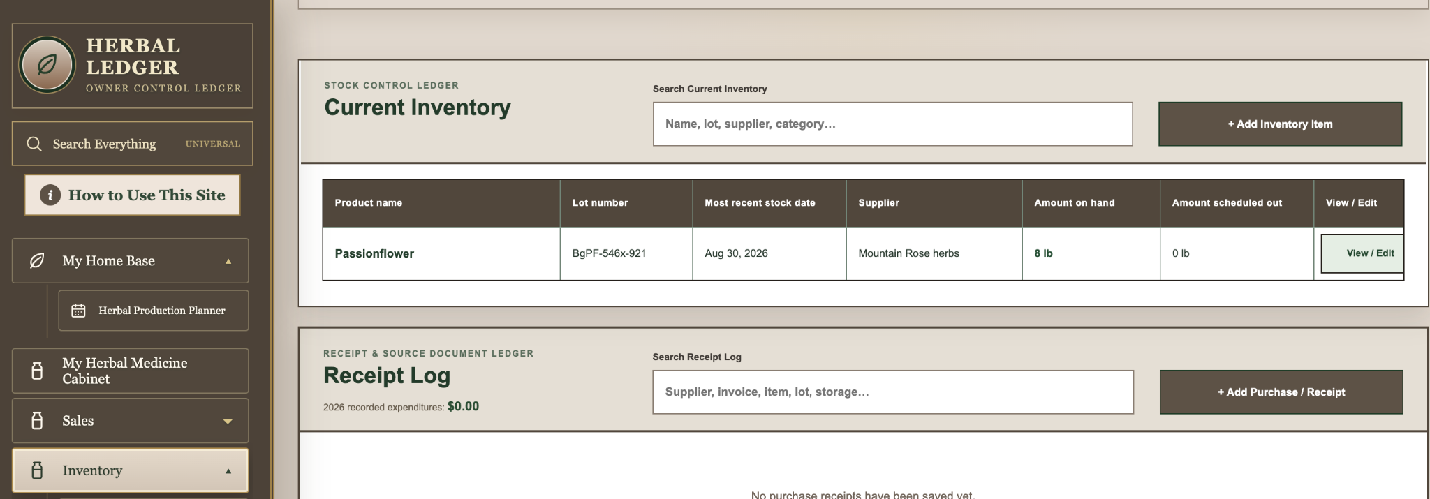 Current Inventory and Receipt Log in Herbal Ledger