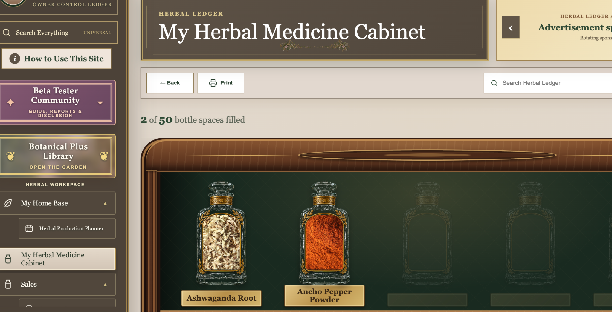My Herbal Medicine Cabinet showing labeled Ashwagandha Root and Ancho Pepper Powder bottles