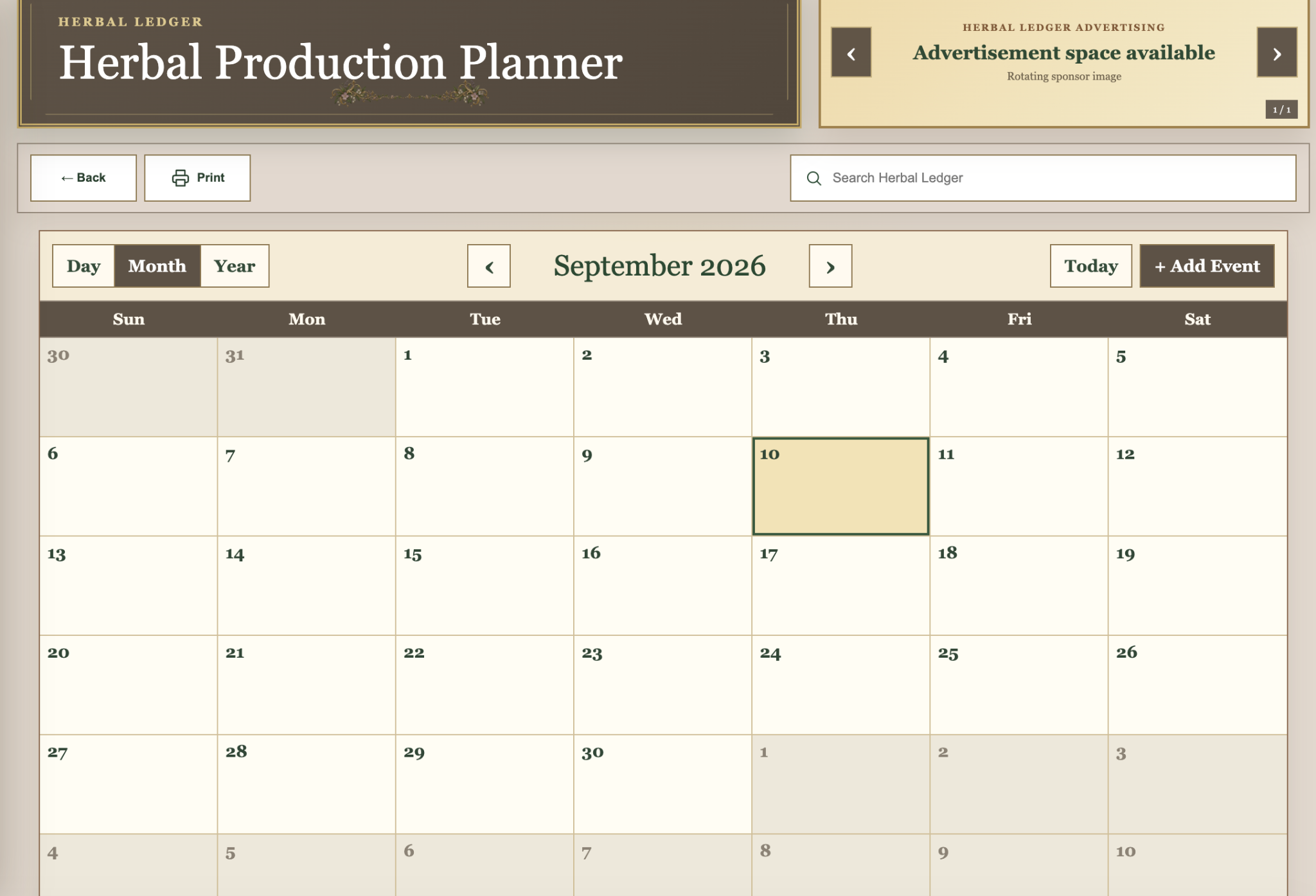 Herbal Production Planner showing the month calendar and Add Event control