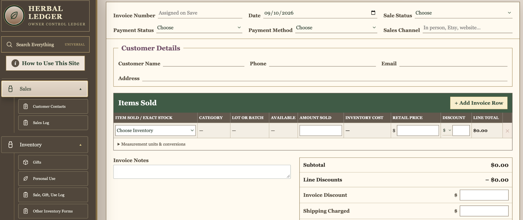 Herbal Ledger sales invoice showing customer details and repeatable item rows